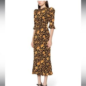 RHODE Felix Midi Dress In Baroque Heart Floral Gold sz 6